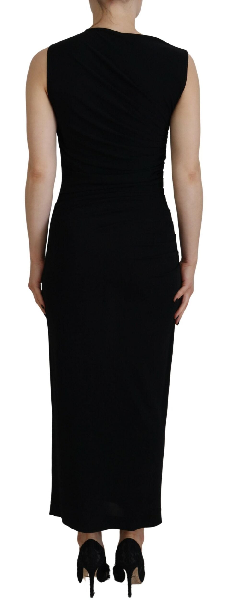 A black sleeveless ruched maxi dress with a high neckline