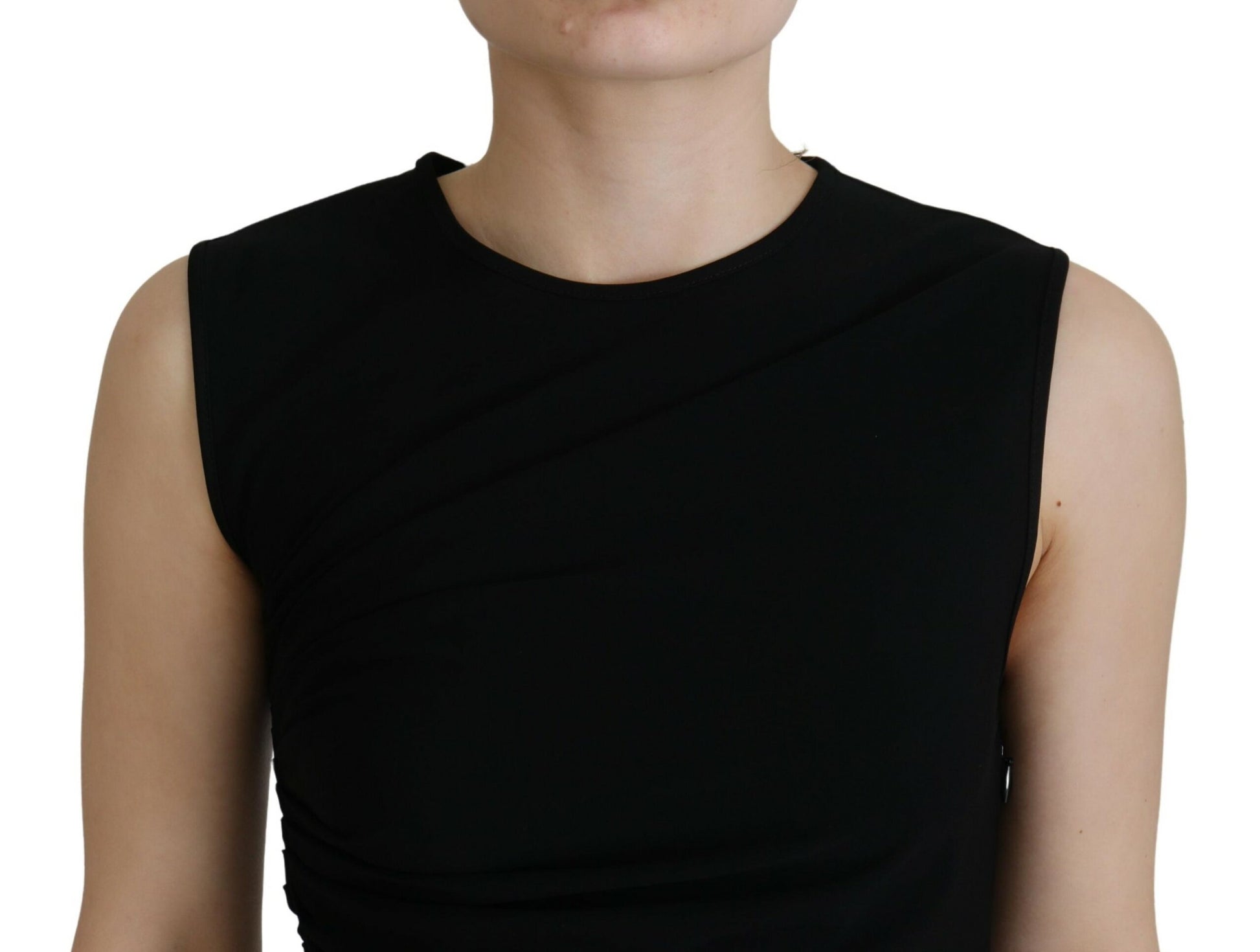 A black sleeveless ruched maxi dress made of viscose