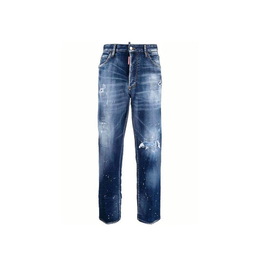 Blue denim jeans with distressed design