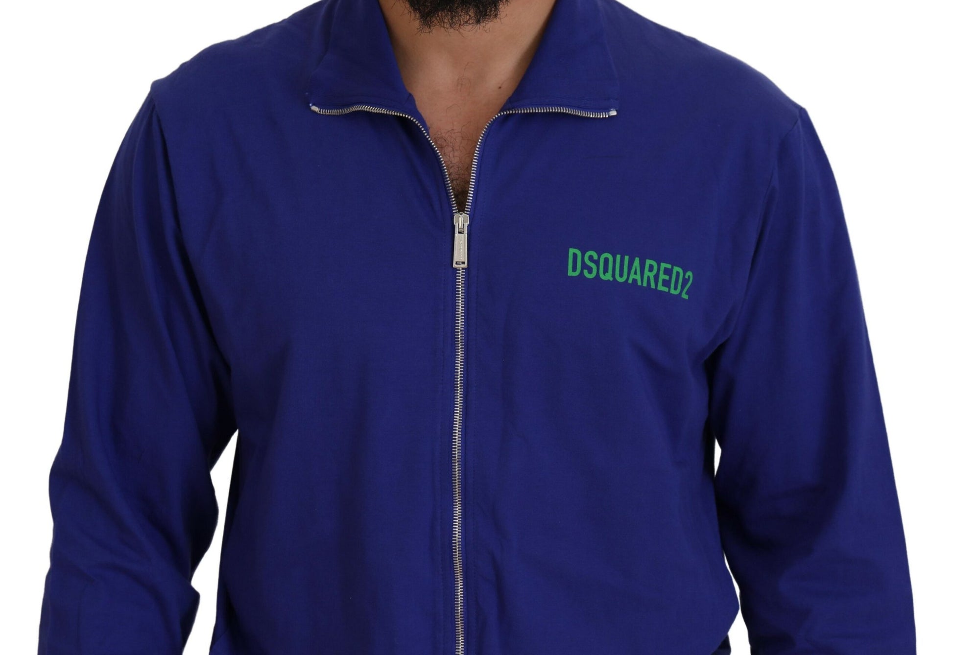 Blue jacket with white zipper and green lettering on back