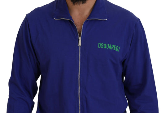 Blue jacket with white zipper and green lettering on back