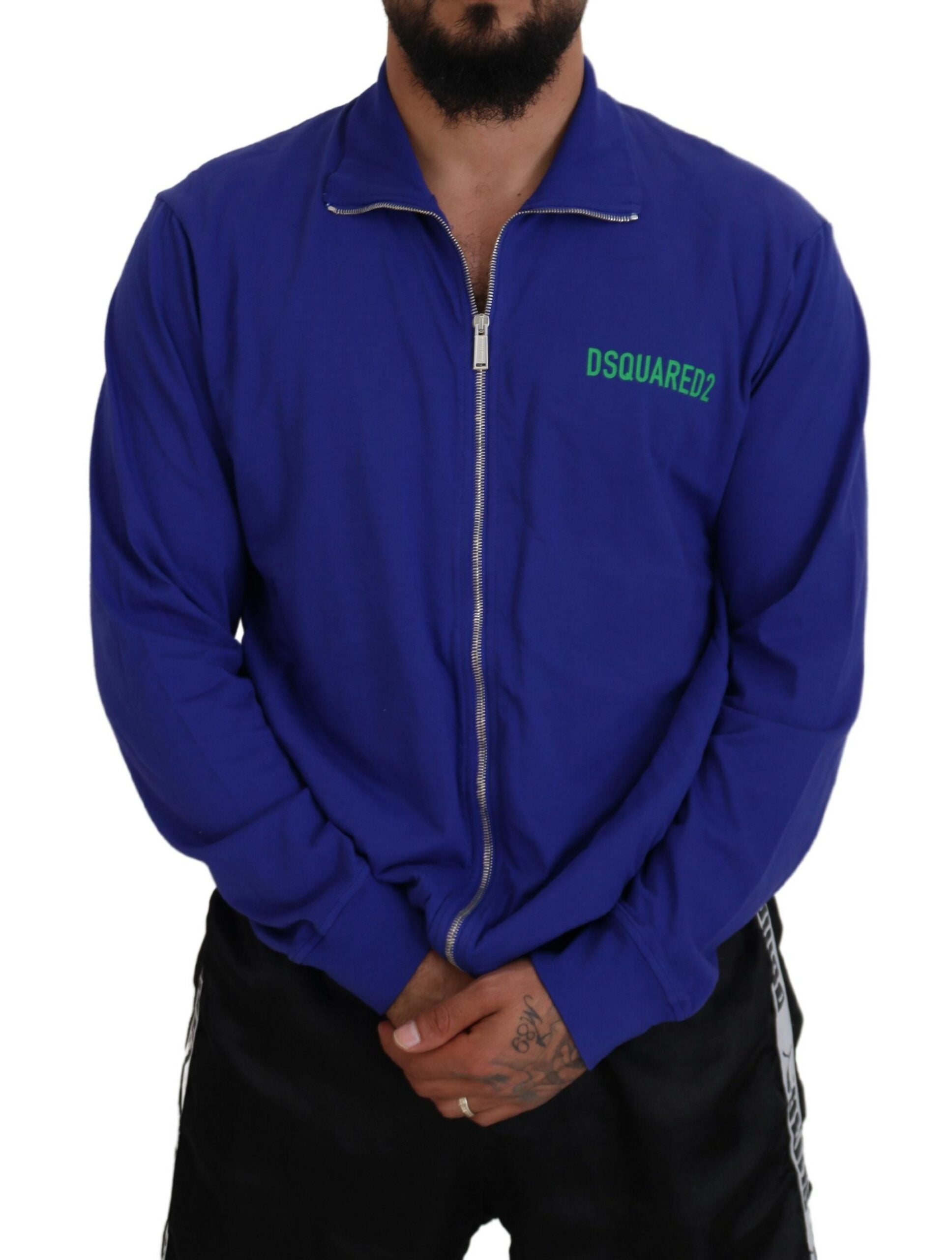 Blue jacket with green logo on front
