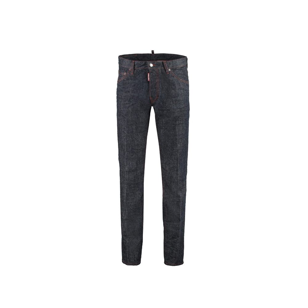 Dark blue denim jeans on a white background