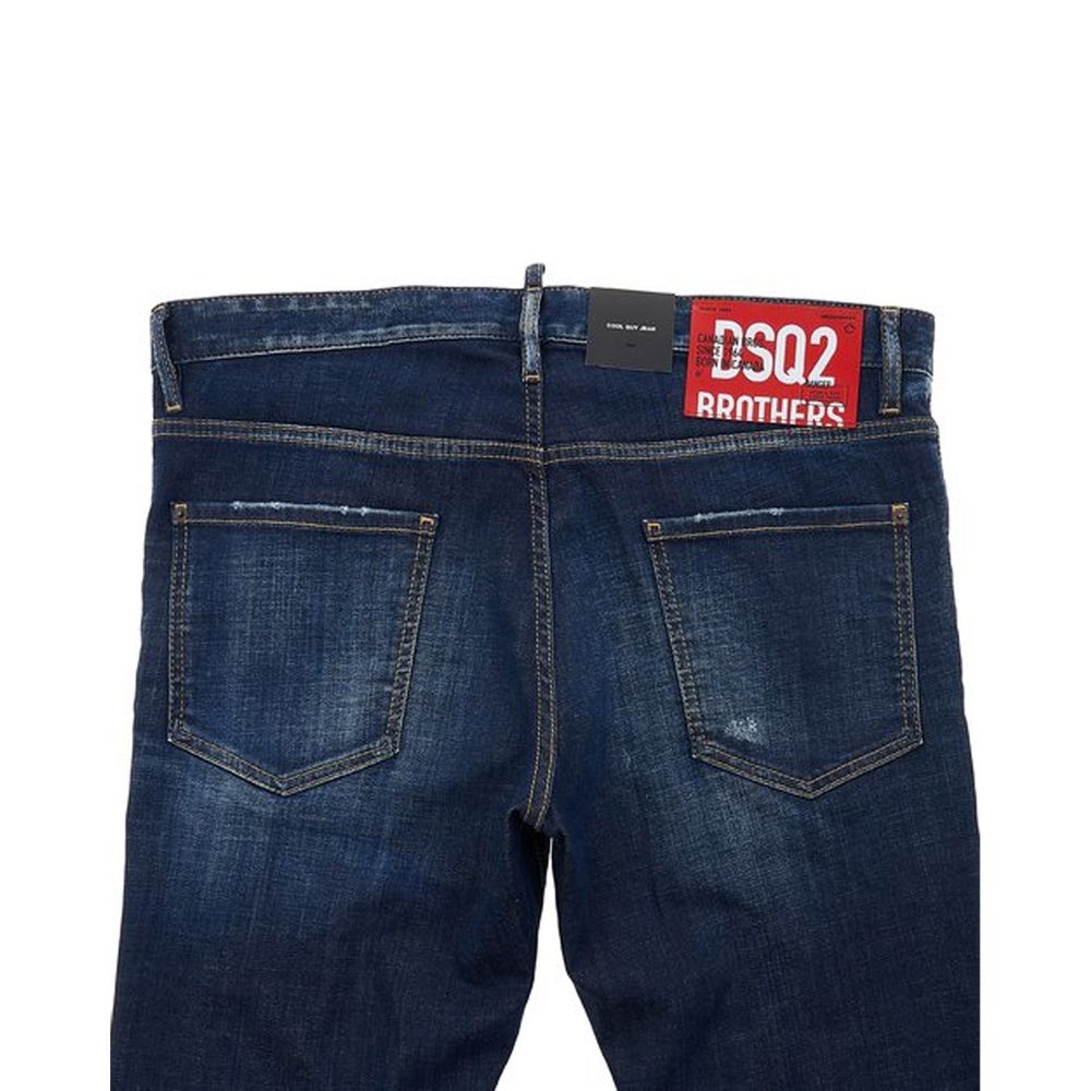 Pair of blue jeans with red label on waistband