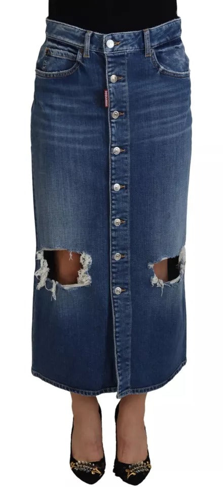 Blue denim skirt with holes and rips on front