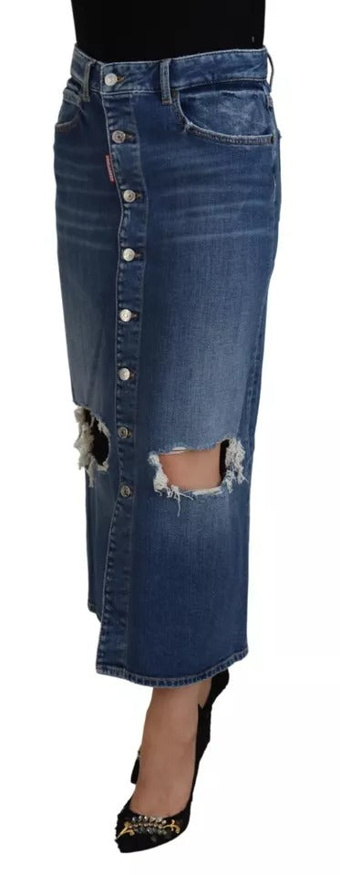 Woman wearing blue denim skirt with rips and holes