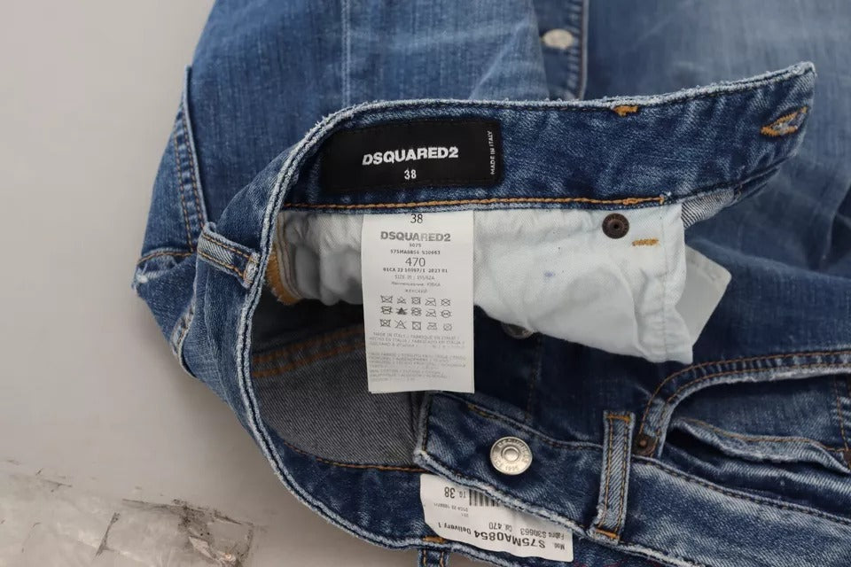 Blue denim jeans with tag inside waistband