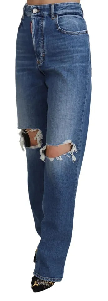 Pair of blue denim jeans with distressed details