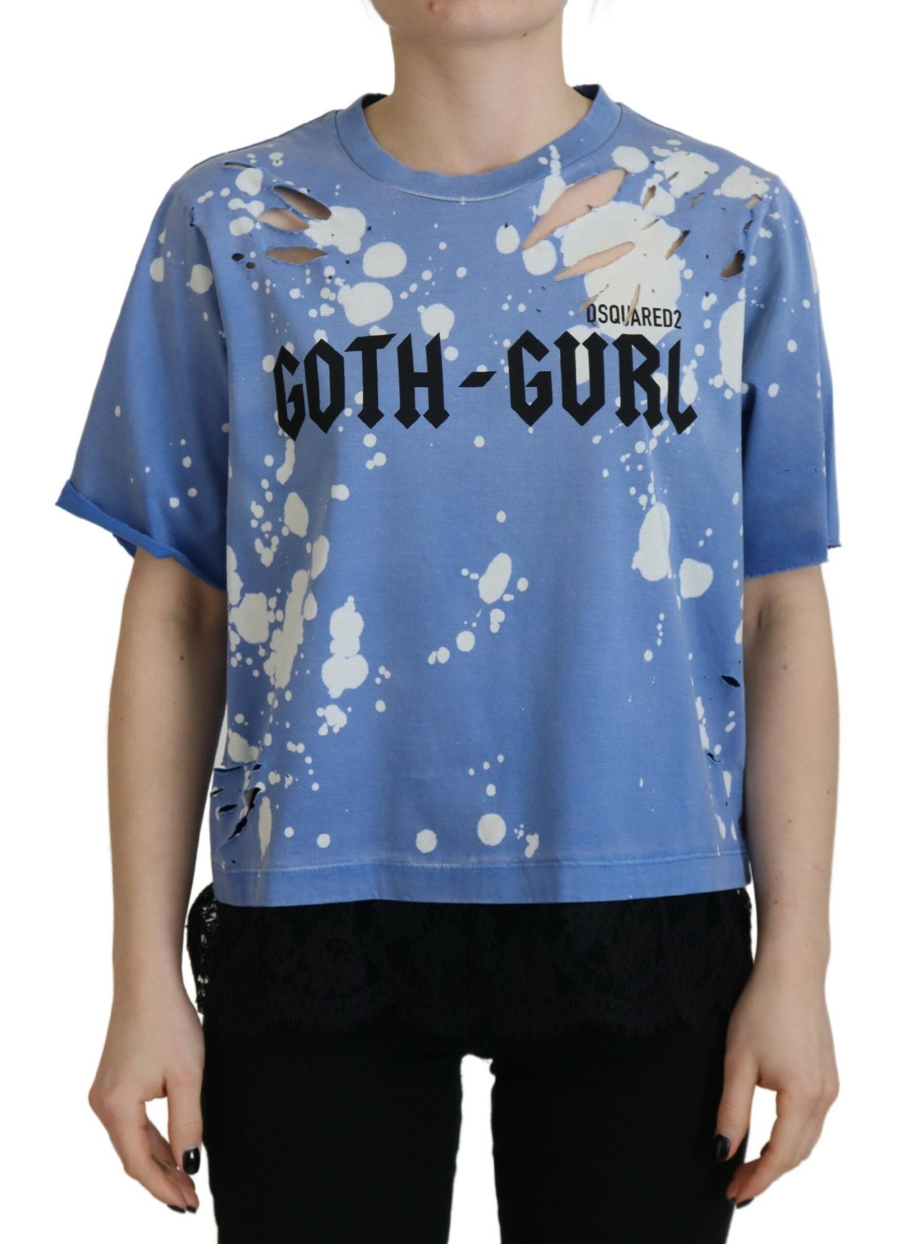 Blue distressed graphic t-shirt with Goth-Girl text