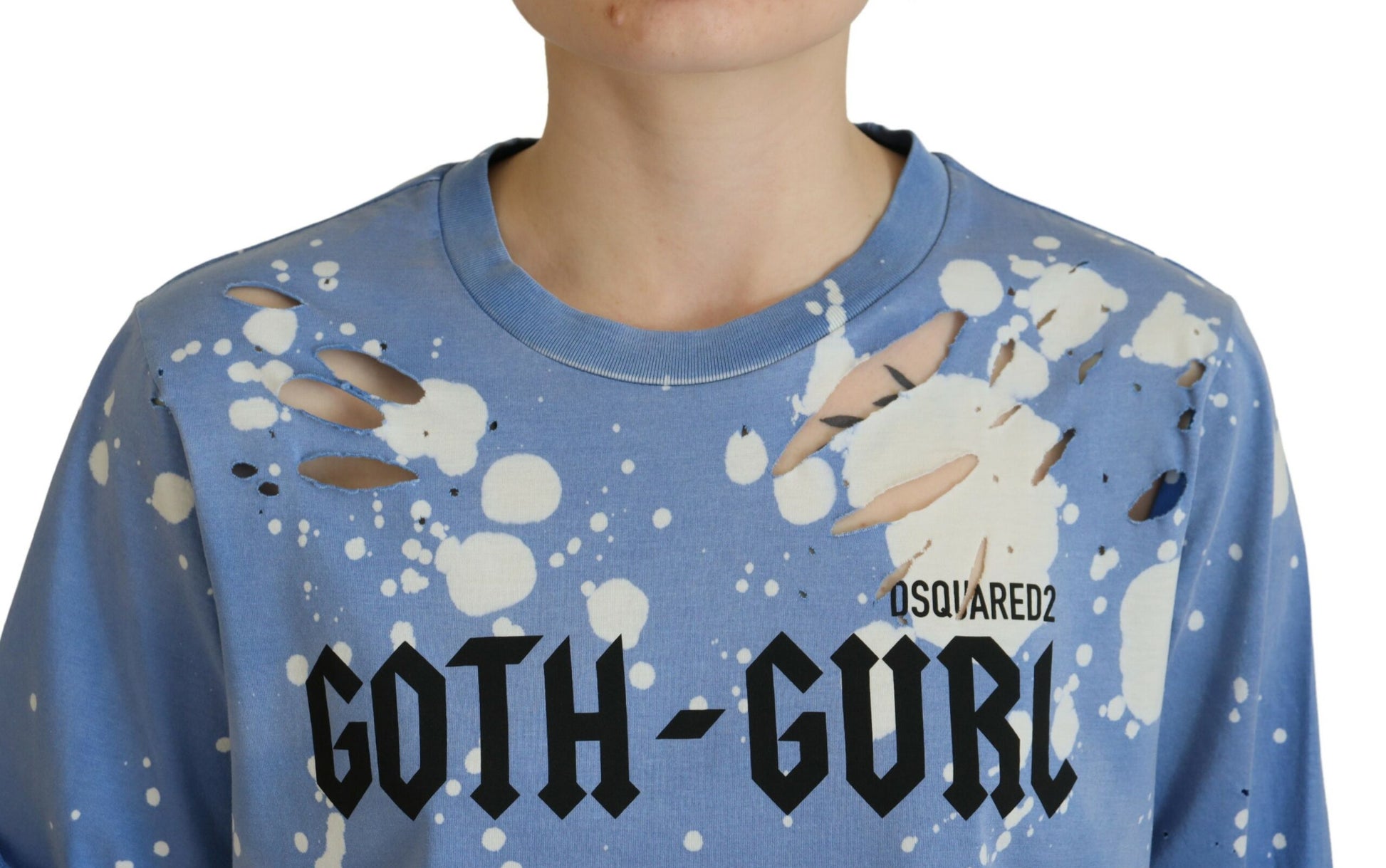 Blue sweatshirt with Gothic font and distressed holes