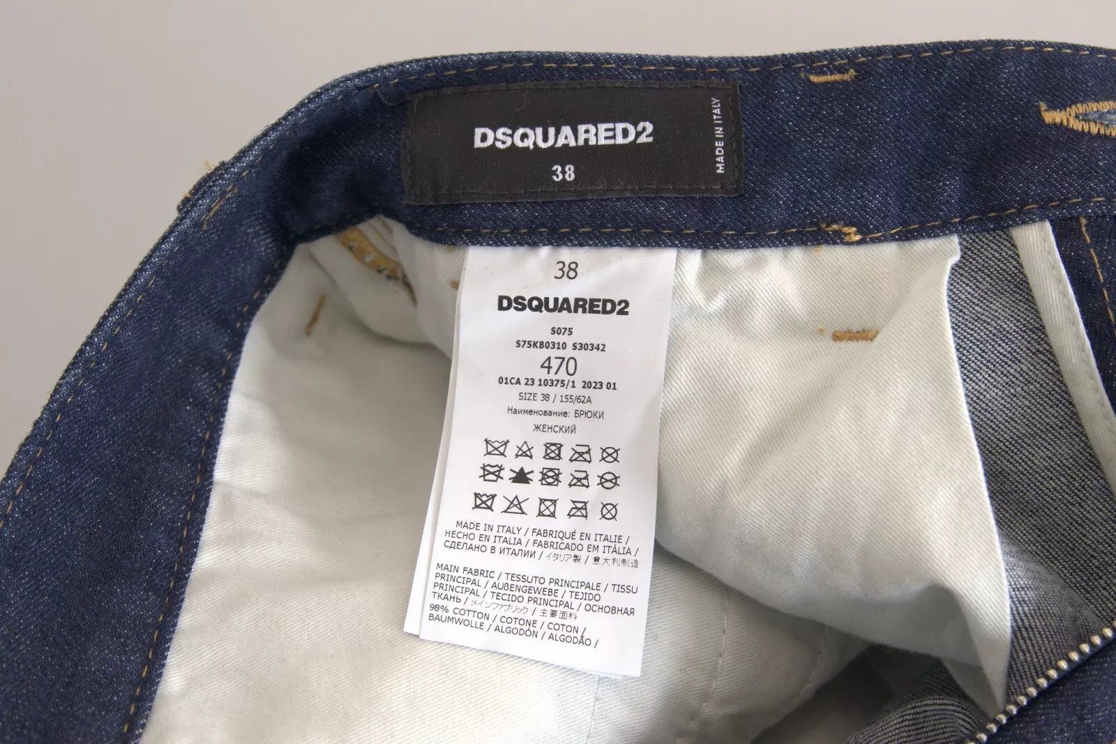 Blue denim jeans with tag inside waistband
