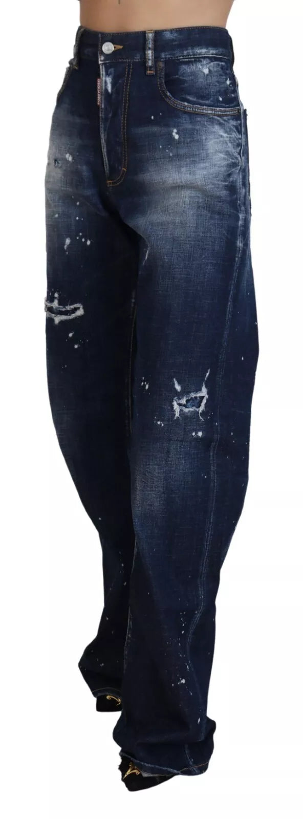 Pair of blue denim jeans with distressed design