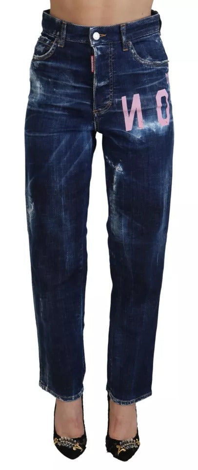 Pair of blue denim jeans with distressed design