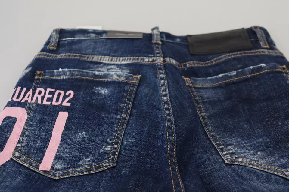 Blue denim jeans with pink numbering on back