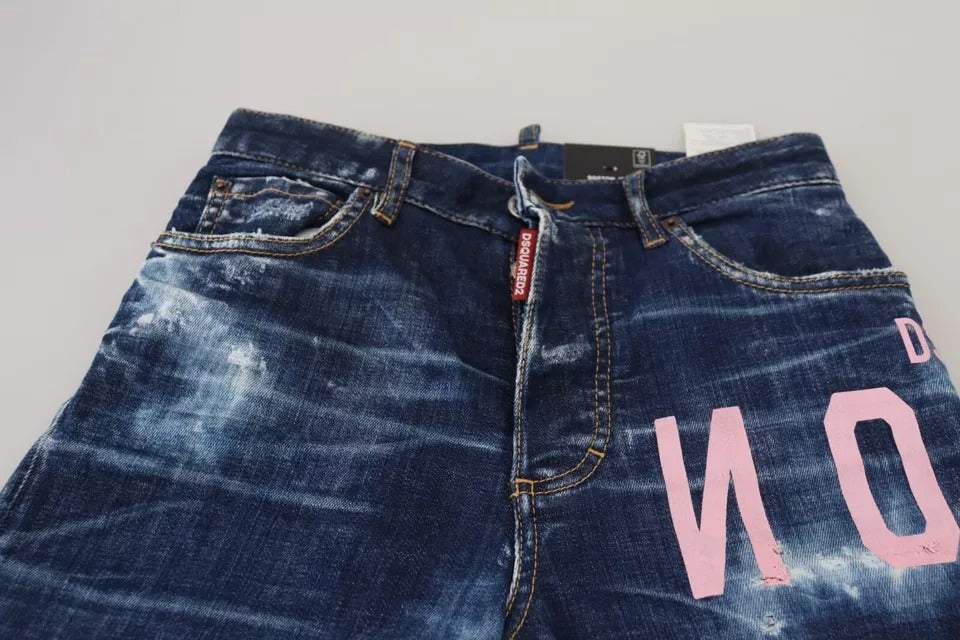 Blue denim shorts with pink lettering