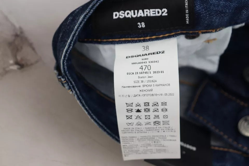 Blue jeans with white tag on waistband