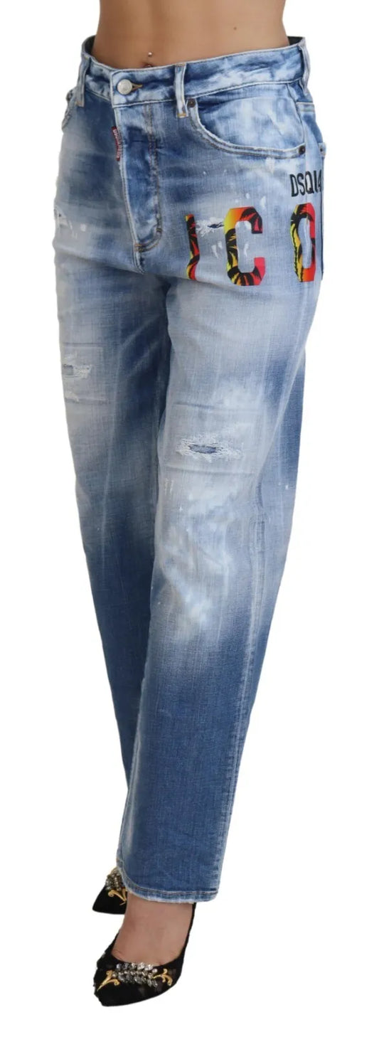 Blue denim jeans with distressed design on legs