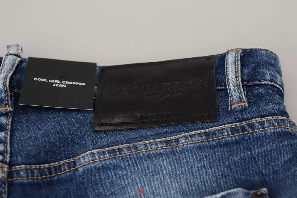 Pair of blue jeans with tags attached to waistband