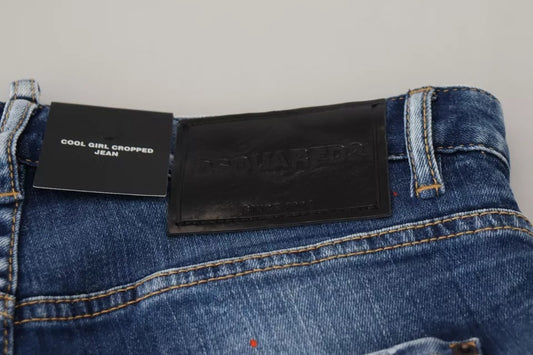 Pair of blue jeans with tags attached to waistband