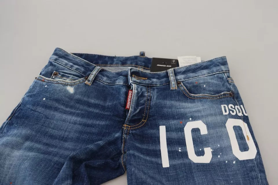 Blue denim jeans with white lettering on back