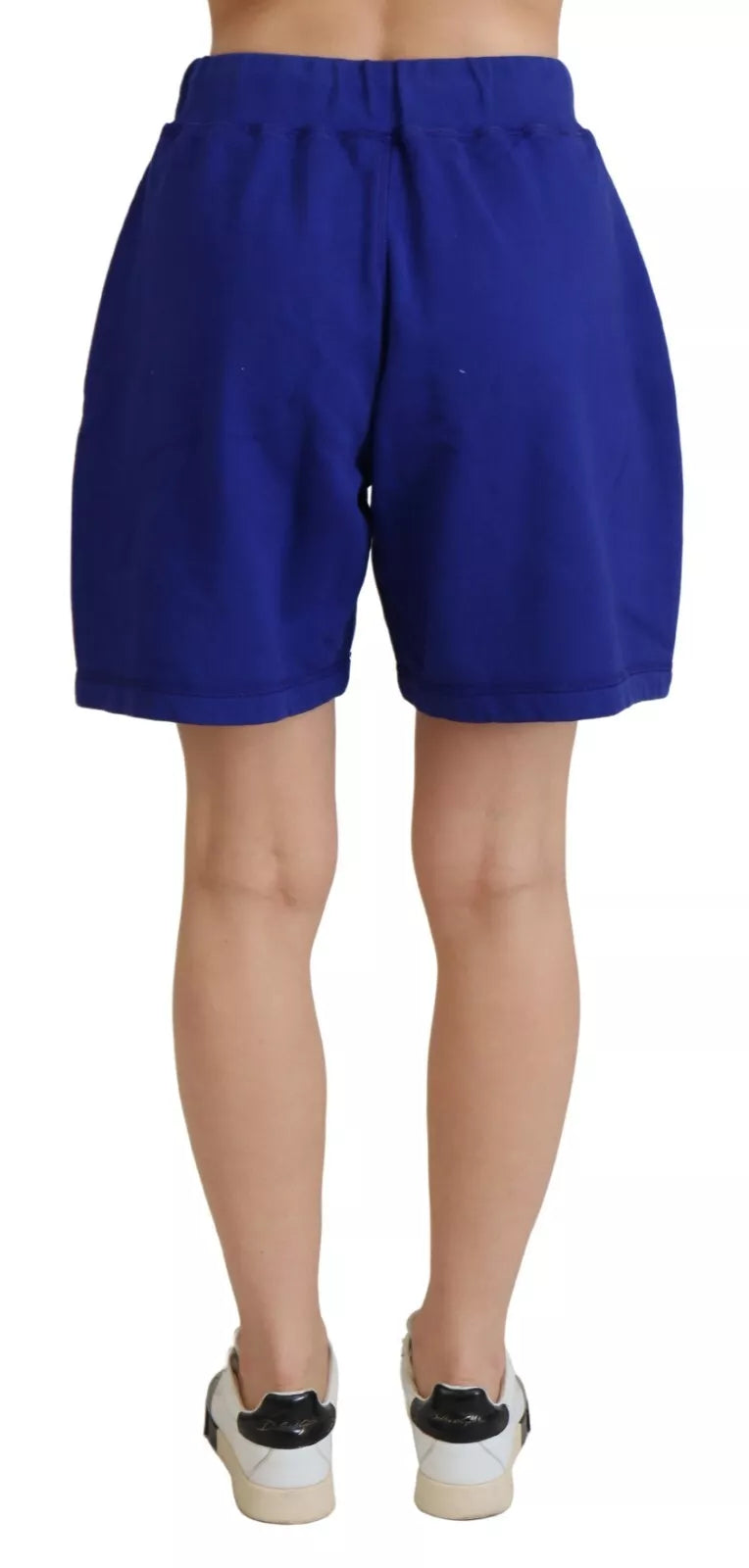 A pair of blue high waist sweat shorts with a logo on the left leg