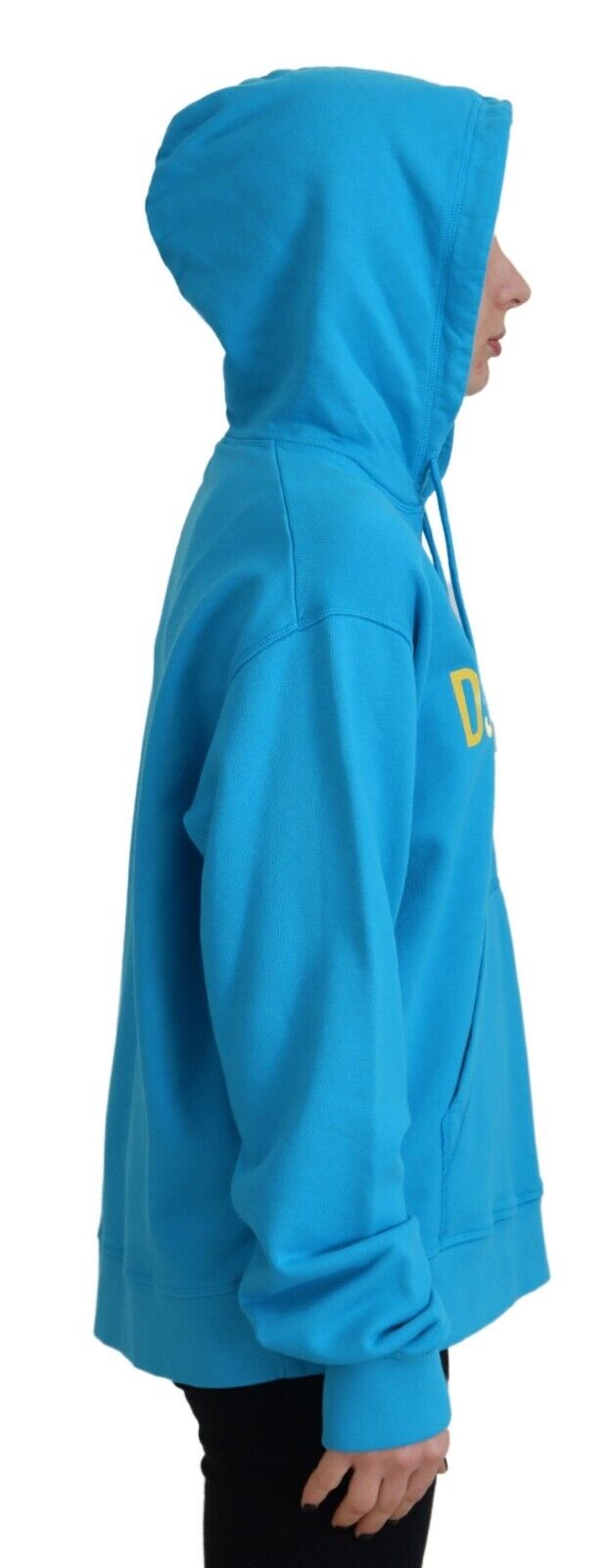 Blue hooded sweatshirt with white lettering