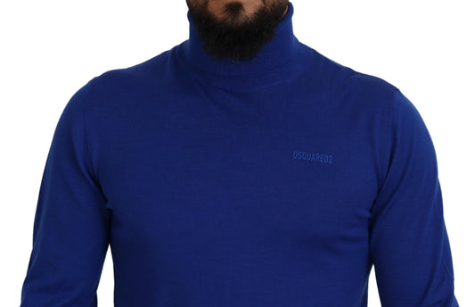 Blue turtleneck sweater with logo on front