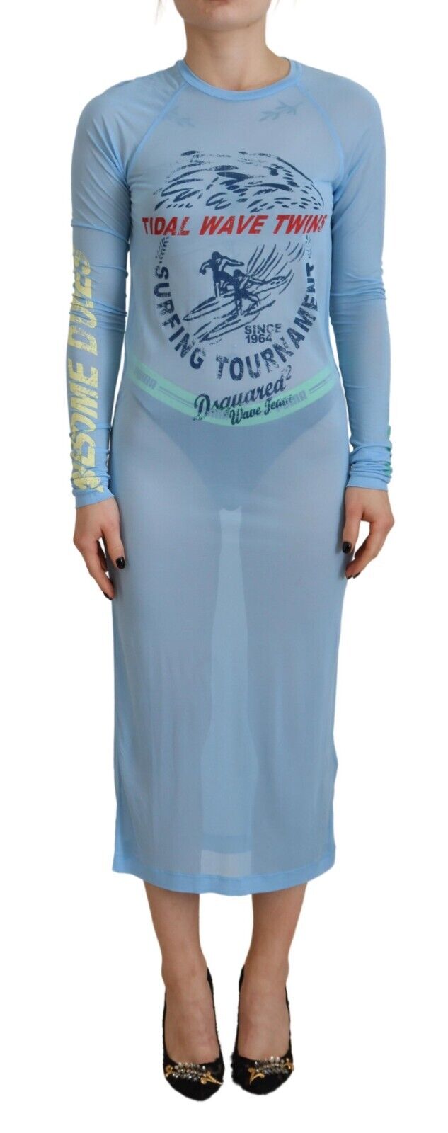 A long sleeve dress with a blue print and viscose material