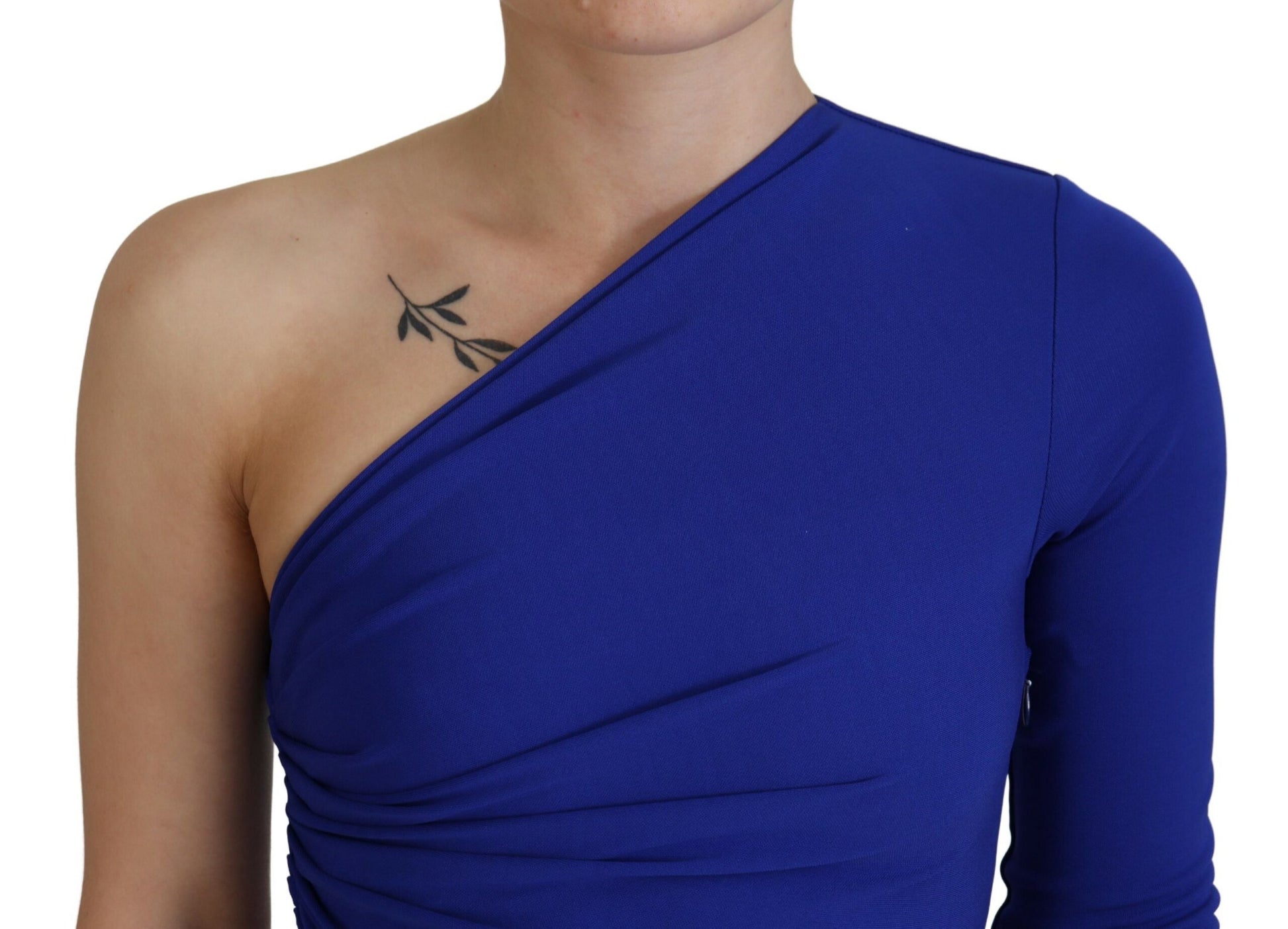 A blue one shoulder bodycon dress with ruched detailing