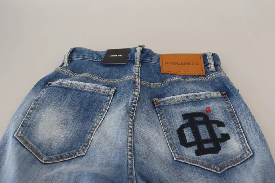 Blue denim jeans with embroidered logo on back pocket