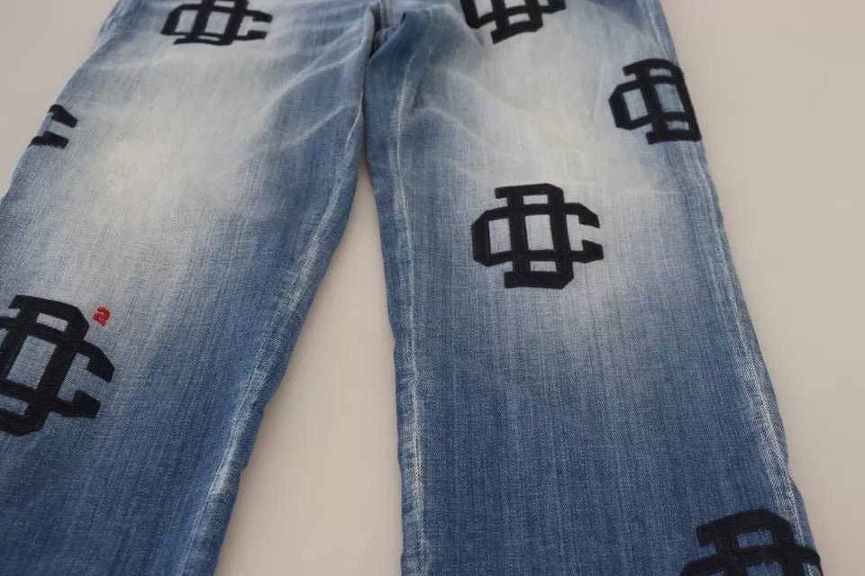 Blue jeans with white lettering