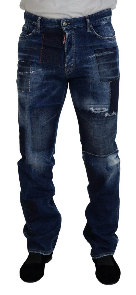 Pair of blue denim jeans with distressed areas and pockets