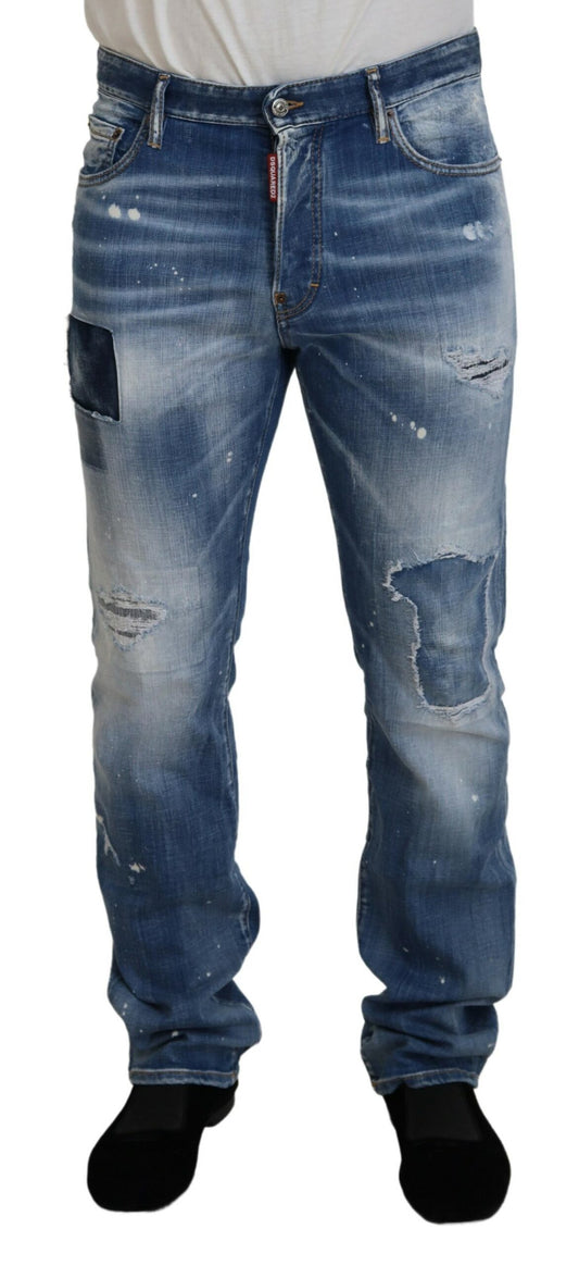 Pair of blue denim jeans with distressed areas