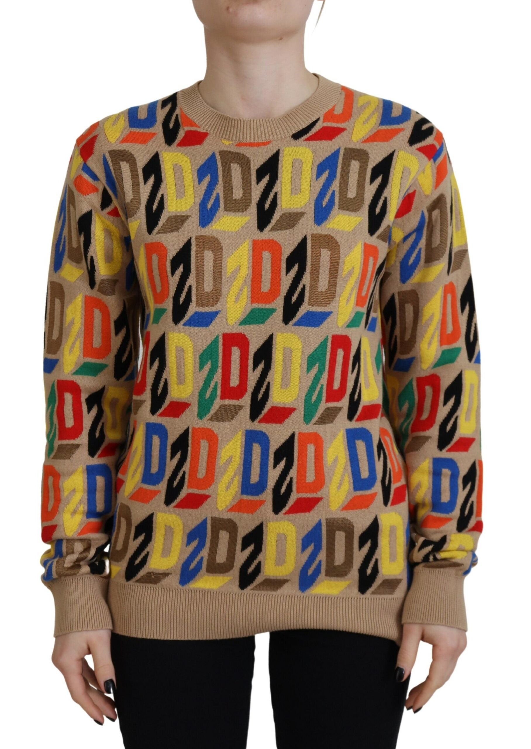 Sweater with colorful pattern featuring letters D and E