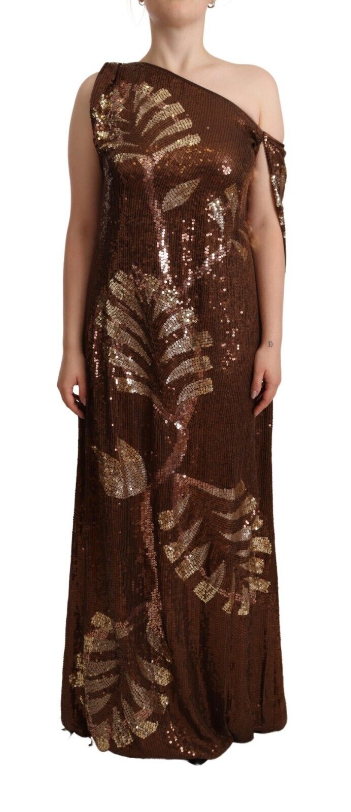 A long brown sequined dress with leaf pattern on one shoulder