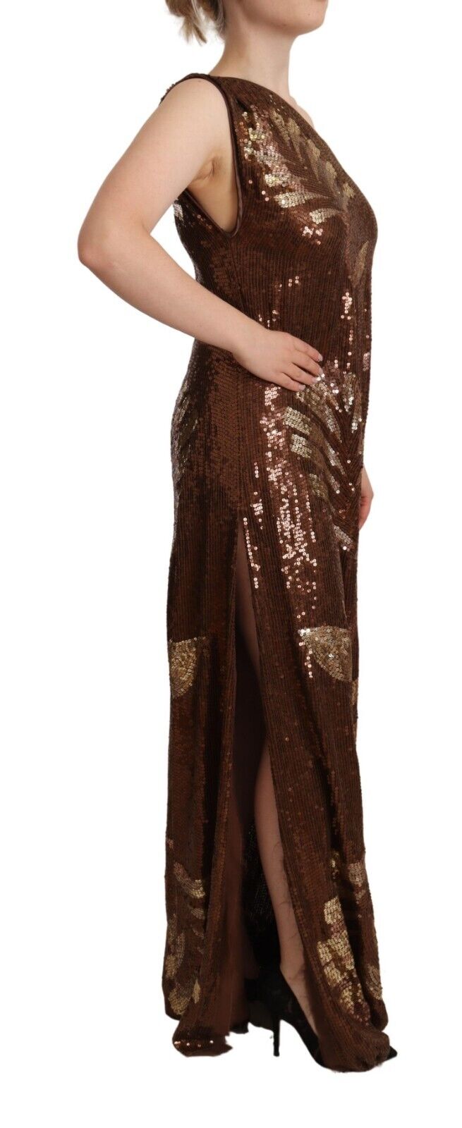 A long brown sequined dress with a leaf pattern and one shoulder design