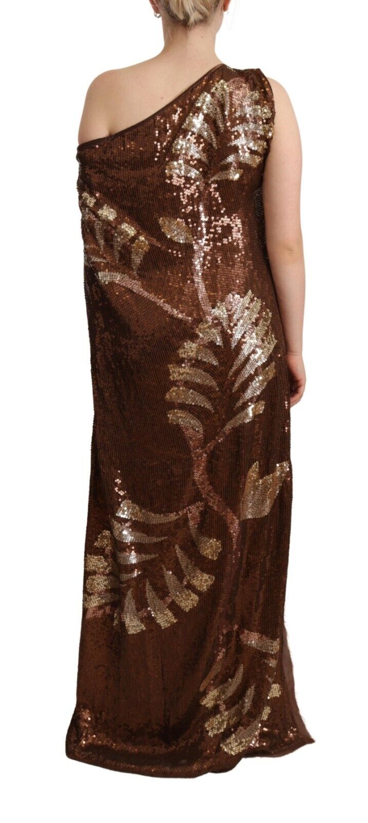 A long brown sequined dress with leaf pattern on one shoulder