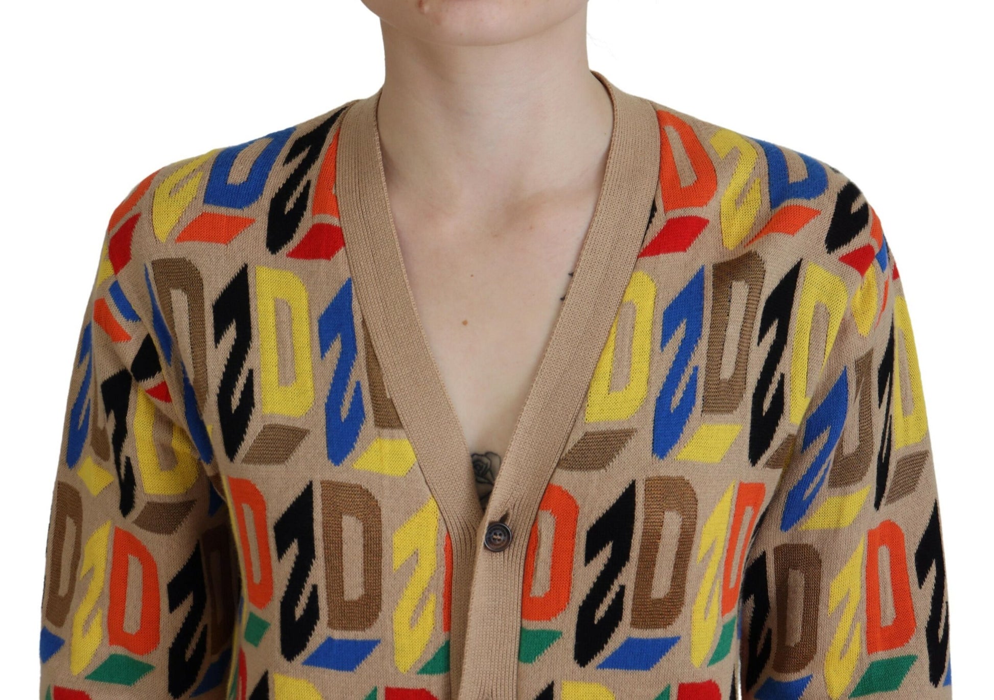 Colorful sweater with letters on front