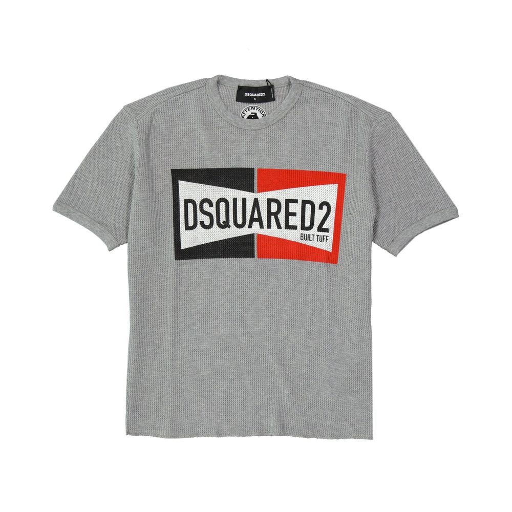 Grey t-shirt with red and white design on front