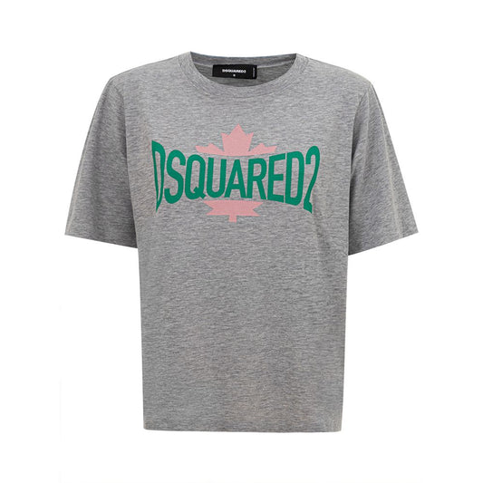 Grey t-shirt with green text reading "Dsquared2" and a maple leaf design