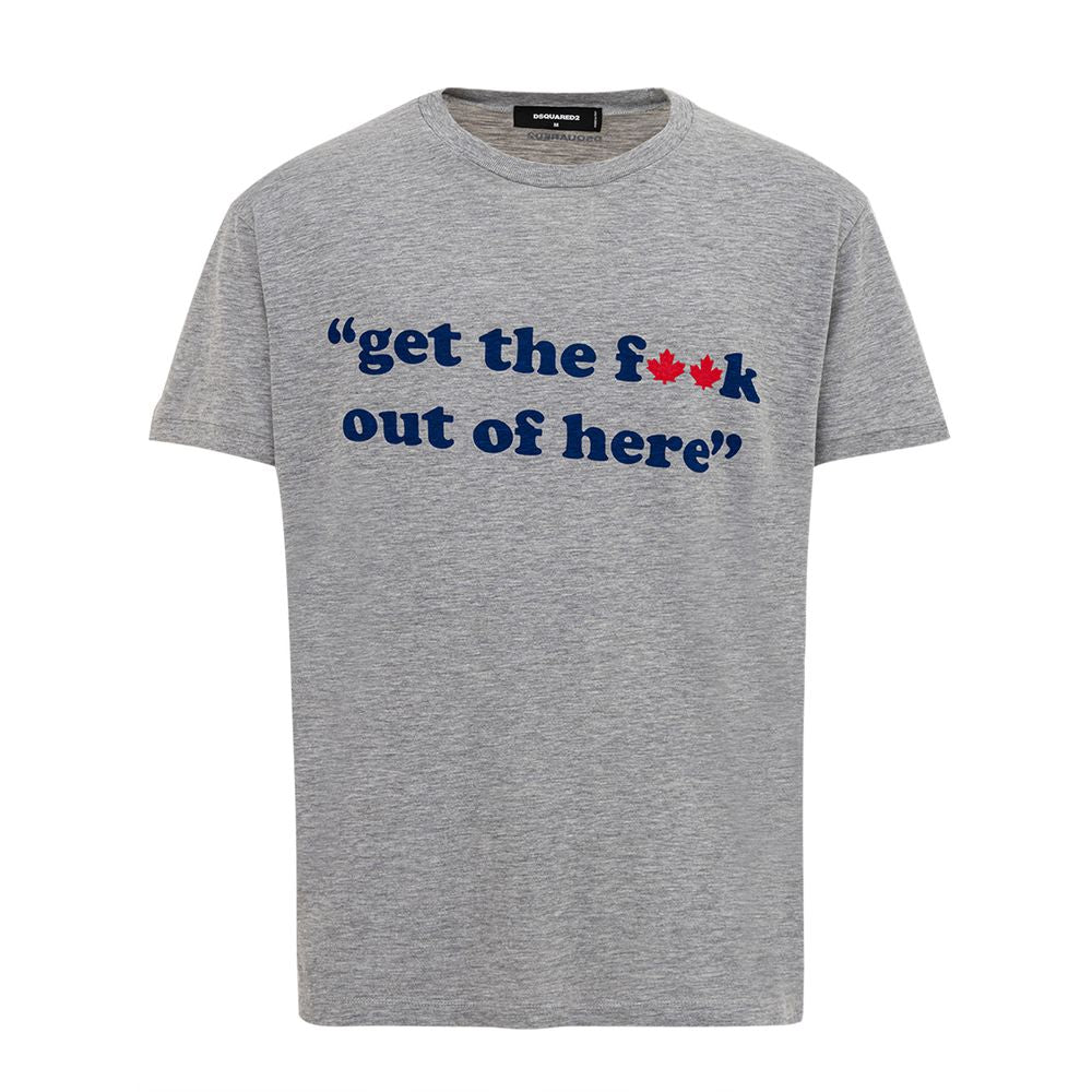 Grey t-shirt with blue text reading "GET THE F**K OUT OF OFFER HERE"