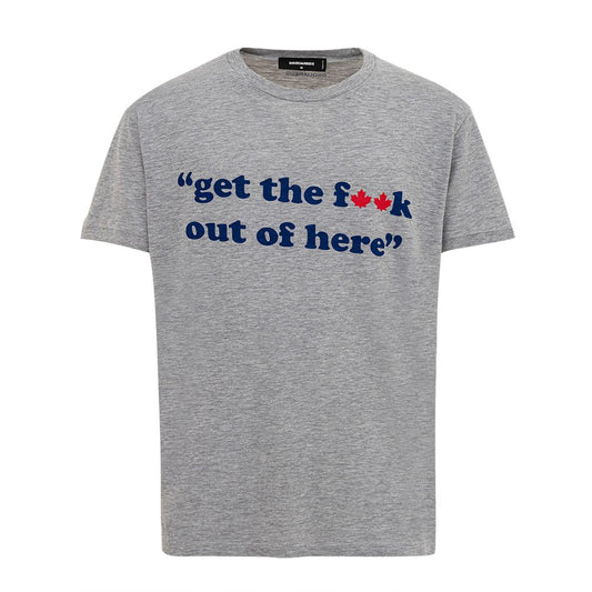 Grey t-shirt with blue text reading "GET THE F**K OUT OF OFFER HERE"