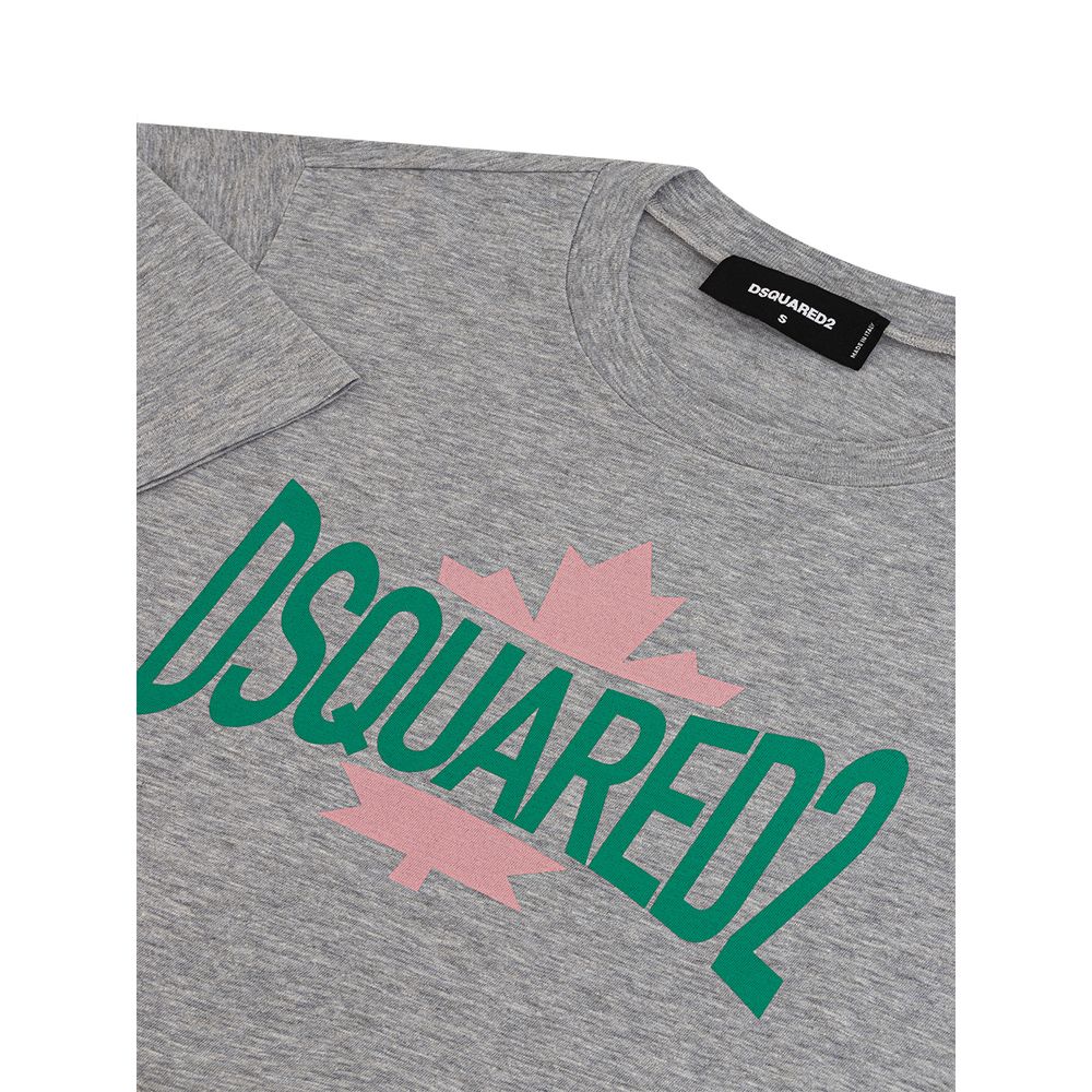 Grey t-shirt with green maple leaf design and pink lettering