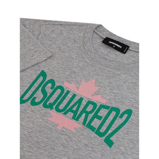 Grey t-shirt with green maple leaf design and pink lettering