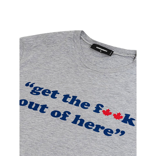 Grey t-shirt with blue text reading "GET OUT OF HERE YOU FREAKIN' CANADIAN"