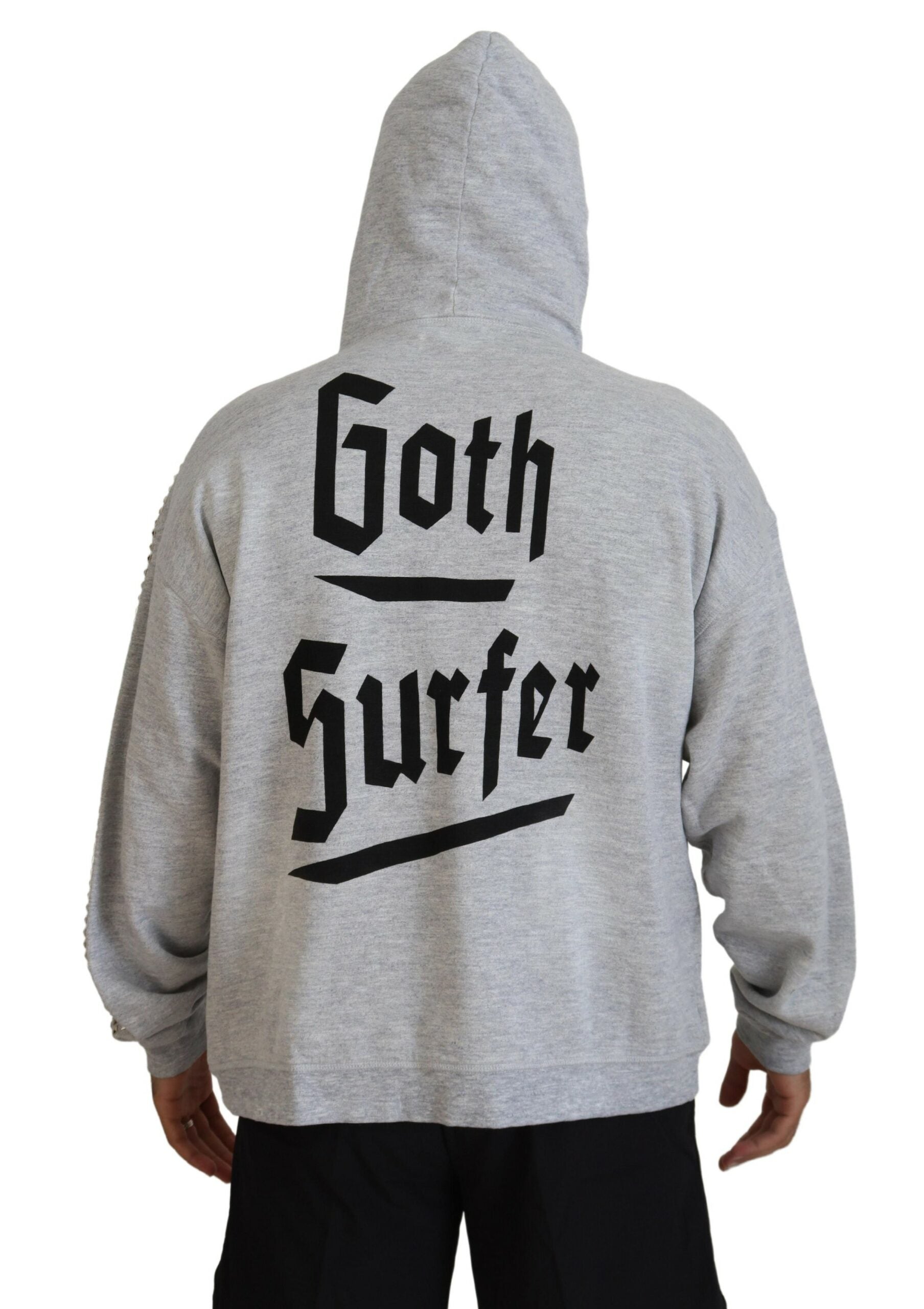 Grey hoodie with Gothic font design on back