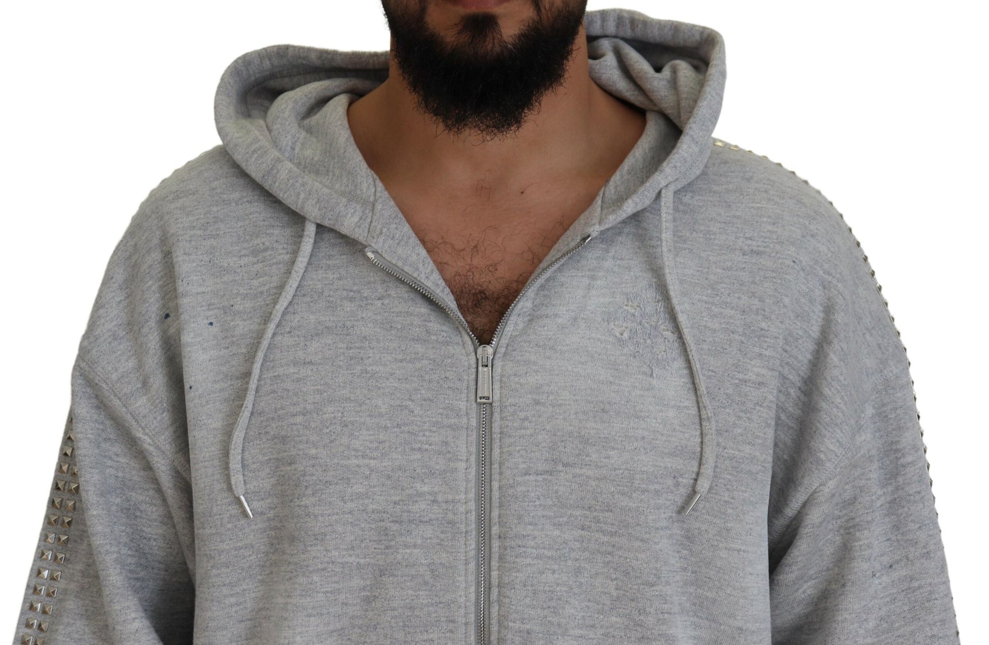 Man wearing gray hoodie with zipper