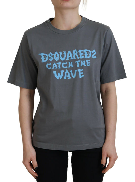 Grey t-shirt with blue text reading "Dsquared catch the wave"