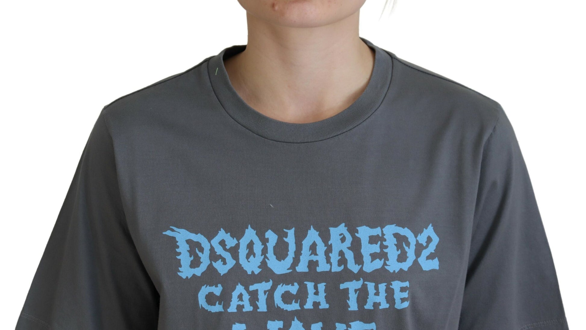 Grey long sleeve shirt with blue lettering