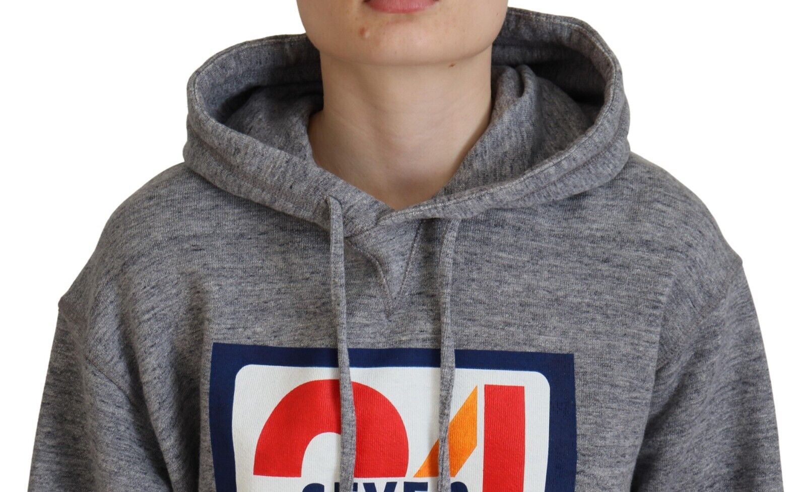 Grey hoodie with white logo on front